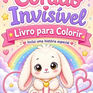 Pode incluir: Capa de livro de colorir infantil com o título "Cordão Invisível" em rosa e roxo. Um coelhinho branco fofo com grandes olhos castanhos está sentado em frente a um arco-íris, rodeado de corações e estrelas. O texto "Livro para Colorir" também é visível.