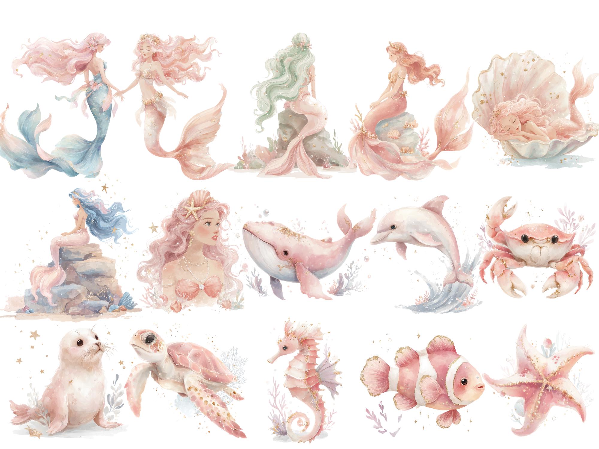 Watercolor Mermaid Clipart Set Mermaid PNG, Ocean Fantasy Illustration ...