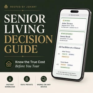 May include: A smartphone displaying a Senior Living Decision Guide app interface with text including Rooted by Johart, Know the True Cost Before You Tour, Arbor Terrace, and Sunny Brook. The screen shows facility ratings, costs, and sustainability scores.