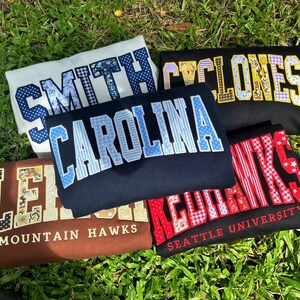 Custom Collegiate Sweatshirt, Personalized Varsity Crewneck, Patchwork Applique Pullover, Campus Style Gift, Alumni Spirit Top