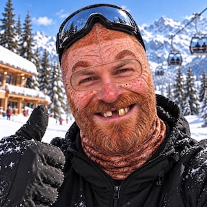 May include: A person wearing a skin-toned balaclava with a textured, freckled pattern, black ski goggles, and a black winter jacket. The person has a red beard and a single gold tooth visible while smiling, with a snowy mountain background.
