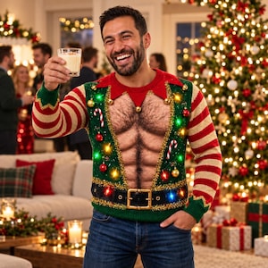 May include: A green long-sleeve jumper featuring a printed graphic of a muscular torso with chest hair, decorated with gold tinsel, miniature candy canes, colourful ornaments, and integrated LED lights, paired with a black belt graphic at the waist.