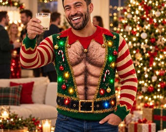 Funny Hairy Chest Elf Ugly Christmas Sweater for Men, Light Up Novelty Xmas Sweater, Mens Ugly Sweater Party Costume, Christmas Gift