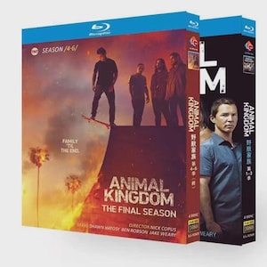 May include: A Blu-ray box set of Animal Kingdom seasons 4-6 and 1-3. The cover features a sunset scene with a person on a skateboard, palm trees, and the text "Animal Kingdom The Final Season". The side box shows a man in a blue shirt.