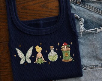 Tinker Bell Embroidered Tank Top - Disney Fairy Magic Tank, Peter Pan Inspired Ribbed Tank Top, Cute Fairycore Vacation Top, Gift For Disney