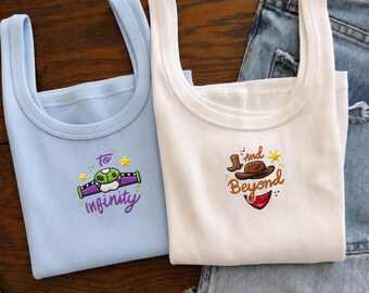 Toy Story besticktes Tanktop, To Infinity and Jenseits von Buzz Lightjahre Woody Passendes Top, Pixar Urlaub Outfit, passendes Park Bestie Top