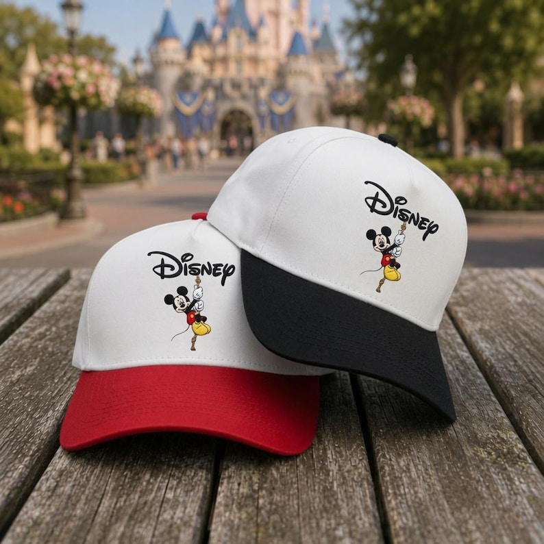 May include: Two baseball caps with white crowns and graphic prints of Mickey Mouse climbing a rope below the Disney logo. One cap features a solid red brim, while the other cap features a solid black brim. Both caps have a structured design.
