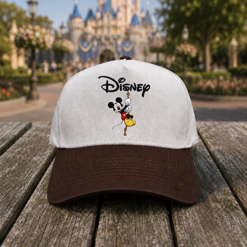 May include: A baseball cap with a white crown and a brown brim. The front features the black text Disney above a graphic of Mickey Mouse hanging from a rope. Mickey is wearing red shorts and yellow shoes, depicted in a classic cartoon style.