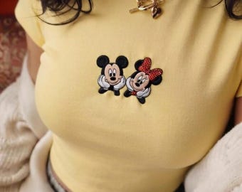 Mickey And Minnie Mouse Embroidered Baby Tee - Cute Disney Couple Park Outfit, Vintage Disney Style, Aesthetic Y2K Tee, Perfect Disney Gift