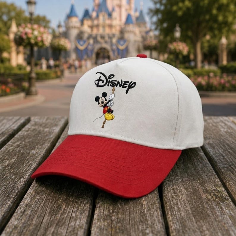 May include: A white baseball cap with a red brim featuring a graphic of Mickey Mouse climbing a rope below the black Disney logo. The cap has a structured crown and a button on top, showcasing a classic color combination and character design.