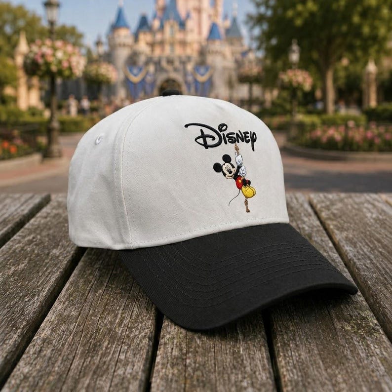 May include: A white baseball cap with a black brim featuring a graphic of Mickey Mouse hanging from the black Disney logo text. The cap has a structured crown and a button on top, showcasing a classic design with a clear, centered character illustration.