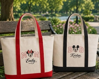 Benutzerdefinierte Name gestickt Disney Mom Dad Einkaufstasche, personalisierte Mickey Minnie Canvas Tote, Familie Reise Tasche, Freizeitpark Geschenk
