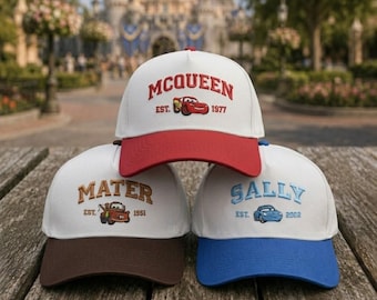 Disney Cars Hut bestickte Baseballkappe - Lightning McQueen Mater Sally Kappe, personalisierte Cars-Charakter-Baseballkappe, Familienausflug-Hut