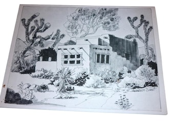 Lauren Bennett Southwest Adobe House Joshua Tree Ink Sketch Vintage Note Card