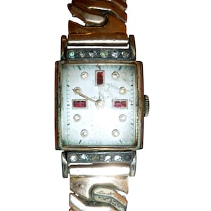 Vintage Helbros Panzeruhr Läuft Art Deco Ruby Crystal Zifferblatt 10K GF Band