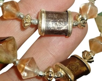 Vintage MCM Double Strand Lucite Resin Bead Necklace Brown Green Faux Agate 24in