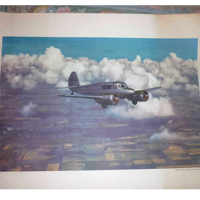 Vintage Cessna Bobcat Bomber Pilot Trainer AT17 Aviation Lithograph Don ...
