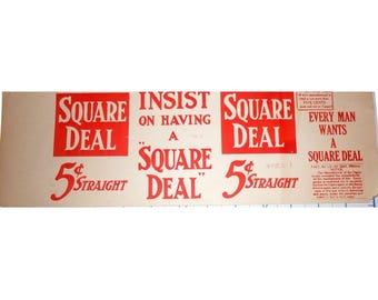 Placa de charuto Square Deal de 5 centavos da década de 1910, rótulo antigo de propaganda de tabaco da Pensilvânia.