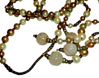 Vintage Style Faux Pearl Lariat Tassel Necklace Carved Glass Beads Earth Tones