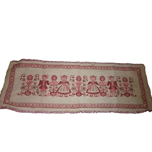 Vintage Made in Austria Linen Cotton Table Runner Reversible Jacquard Folk Art