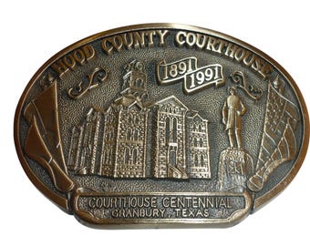 Hood County Courthouse Centennial Belt Buckle 1991 Solid Brass Granbury TX