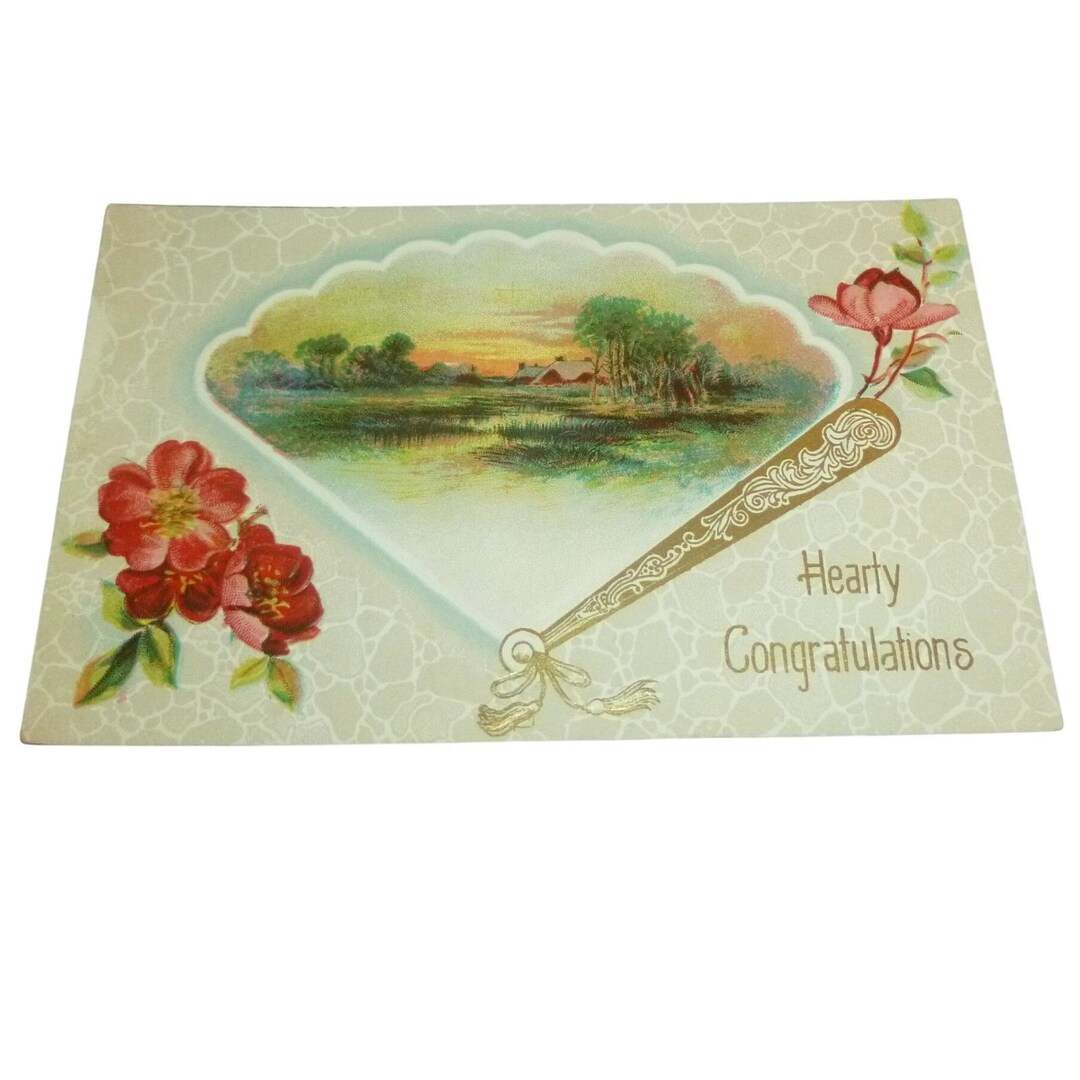 Antique Hearty Congratulations Postcard Embossed Fan Landscape Floral ...