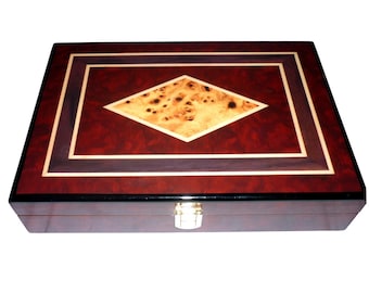 Juego de fichas de póker de madera lacada con estuche, incrustaciones de marquetería de madera de raíz, cartas y dados (200 piezas)