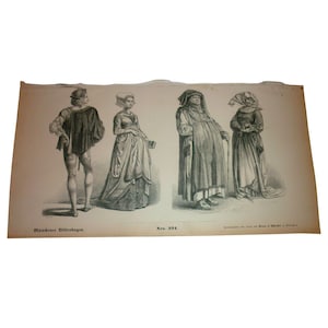 May include: A black and white historical print titled Münchener Bilderbogen No. 391, featuring four figures in period clothing. The illustration depicts individuals in detailed garments, including hats, long robes, and tunics, set against a plain background.
