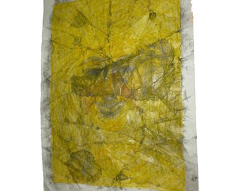 Original Abstract Mixed Media Portrait Painting Yellow Black Textured Fiber Art