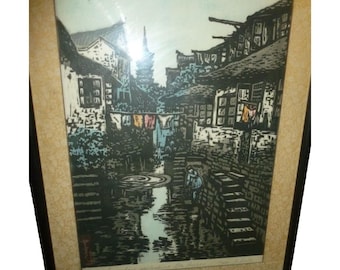 Grabado en madera japonés vintage "Una ventana con vistas al río", firmado por el artista.