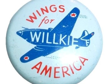 Botón con broche político vintage de 1940 de Wendell Willkie, "Wings for Willkie America"