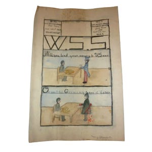 Könnte beinhalten: Eine antike Aquarellillustration mit Text und Bildern. Das Kunstwerk zeigt zwei Szenen von Figuren an Tischen mit Geld und Text, der lautet: "Will you lend your money to US now" und "+ wait till Germany takes it Leter."