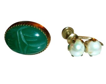 Vintage Burt Cassell 12K Gold Filled Green Scarab & Pearl Screw Back Earrings