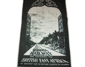 Paño de cocina de recuerdo vintage de la compañía ferroviaria de Uganda, África Oriental Británica, estampado en blanco y negro.
