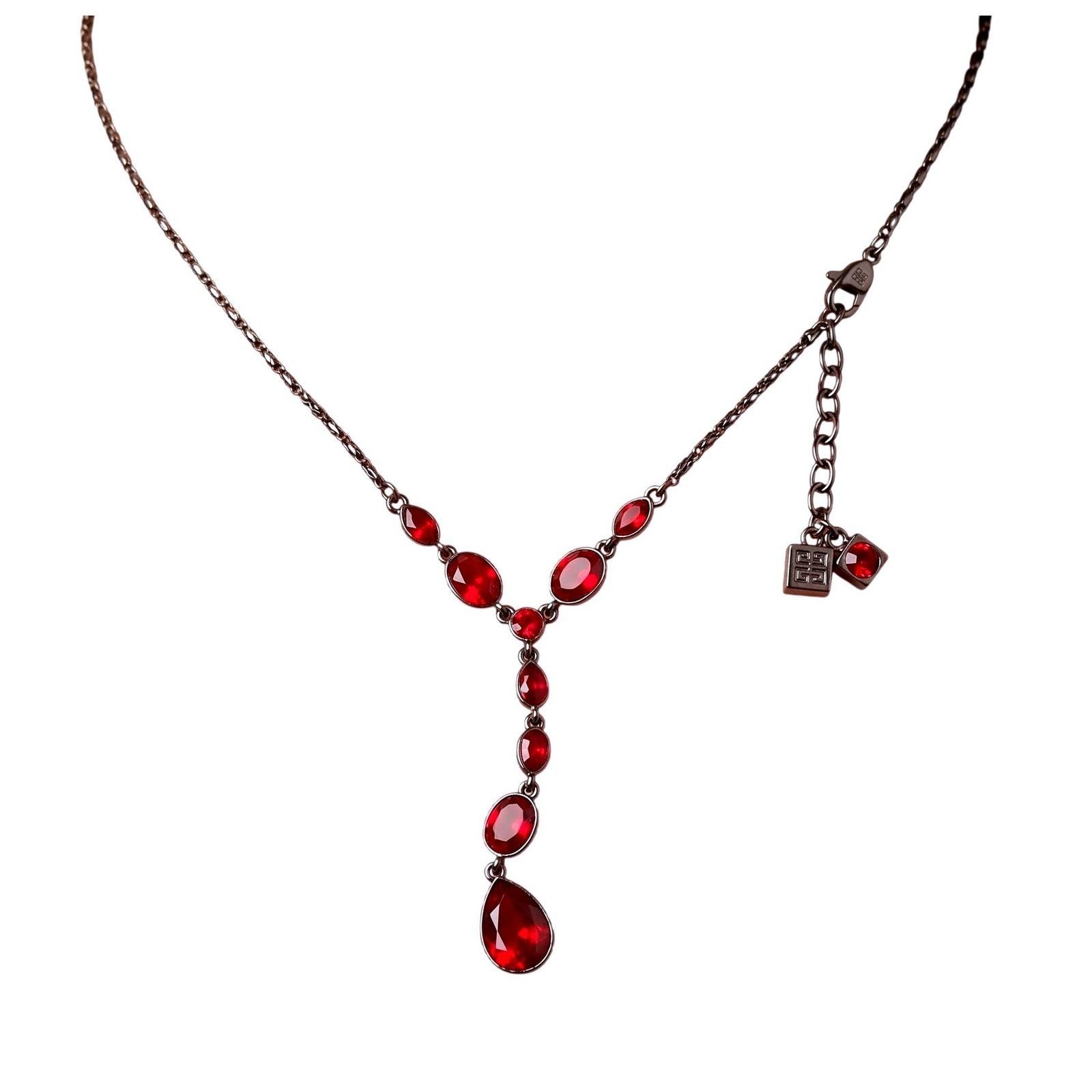 Vintage GIVENCHY Red Crystal Rhinestone Y Drop Necklace Gunmetal