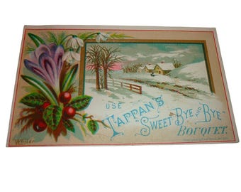 Cartolina pubblicitaria del profumo Sweet Bye and Bye Bouquet di Tappan del 1892, con scena invernale e fiori.