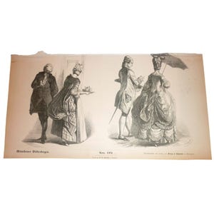 May include: A black and white historical print titled Münchener Bilderbogen Nr. 373, featuring two pairs of figures in 18th-century attire. The left pair shows a person in a coat and a person in a gown holding a tray. The right pair shows a person in a coat and a person in a gown with an umbrella.