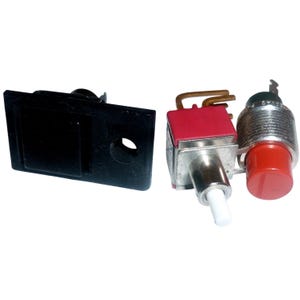 May include: A black rectangular plastic switch cover with a circular hole alongside a metal toggle switch featuring a red base, a white actuator, and a separate cylindrical component with a red push-button top and a threaded silver metal exterior.