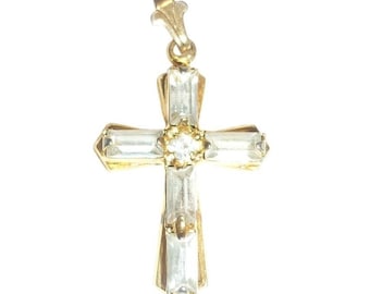 Gold Tone Cross Pendant Necklace Rhinestone Baguette Crystal Religious Charm