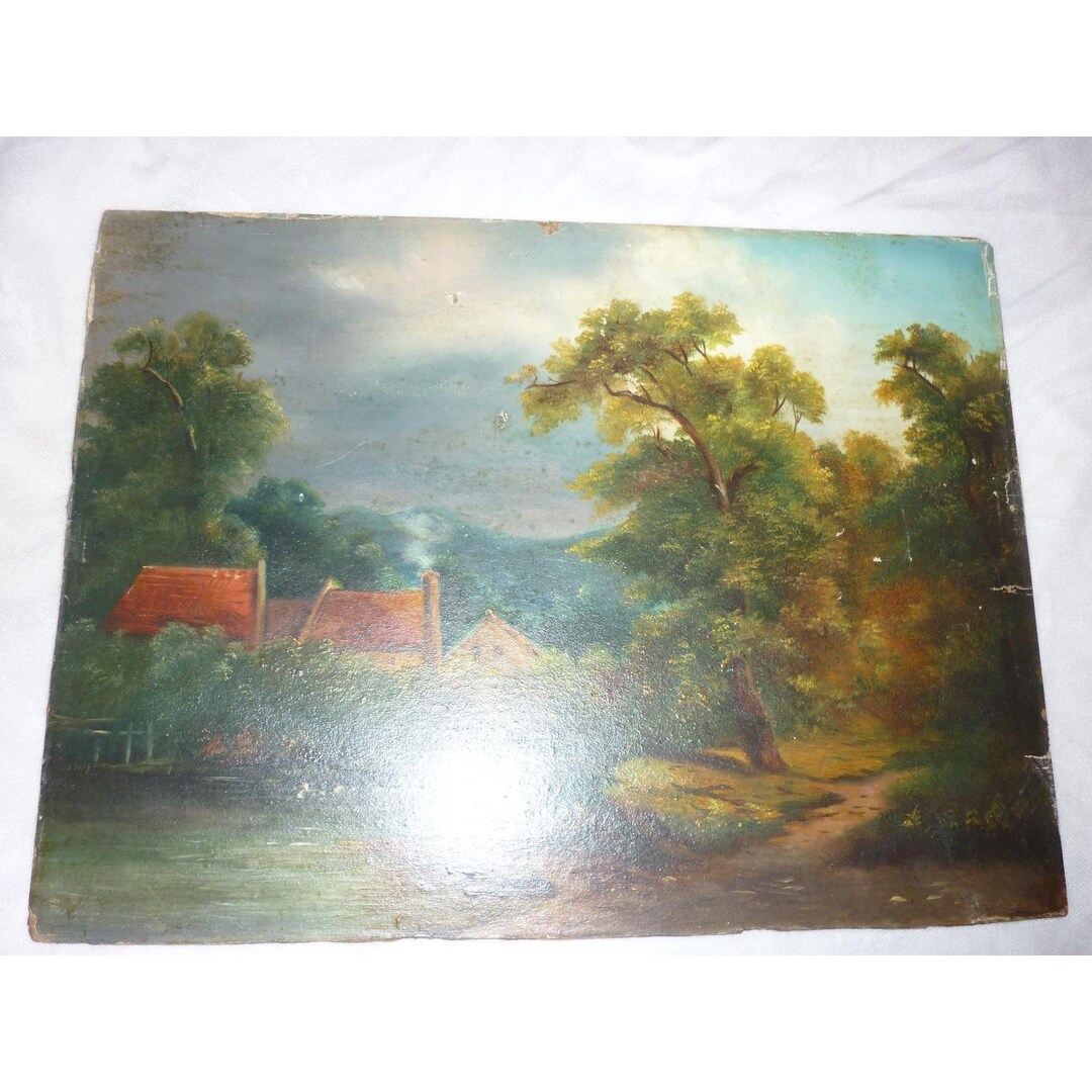 Antique Oil Landscape Painting Rustic Countryside Village River Scene ...