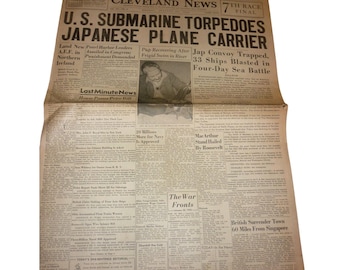 1942年発行のヴィンテージ・クリーブランド・ニュース紙、第二次世界大戦、アメリカ空母潜水艦攻撃、AEFアイルランド