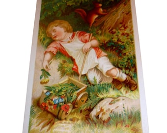 Victorian Trade Card Jos A Jackson Boston MA Hats Furs Child Flower Cart Art