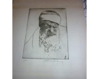 S.O. Brandenburg Signerad Etsning 2/20 Skäggig Man i Turban Porträttkonst