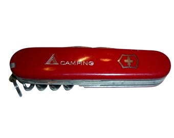 Navaja suiza de camping Victorinox vintage con logo de tienda de campaña roja y sierra de madera (Suiza)