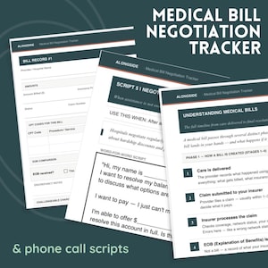 Puede incluir: Una colección de documentos impresos titulados "Medical Bill Negotiation Tracker" y "Understanding Medical Bills". Los documentos incluyen formularios rellenables, guiones y una línea de tiempo del procesamiento de facturas médicas. La combinación de colores es blanco, verde azulado y gris oscuro.