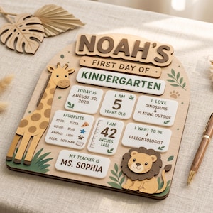 First Day of Kindergarten Wood Sign With Kid Name, Safari Jungle Animal 3D Layered Acrylic Dry Erase Arched Board, Giraffe Monkey PreK Sign