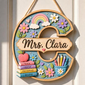 May include: A wooden letter C door sign featuring a light blue background with a rainbow, flowers, and a stack of books labelled Teach, Inspire, Encourage, and Believe. A red apple, a pencil holder, and a name plate reading Mrs. Clara are attached.
