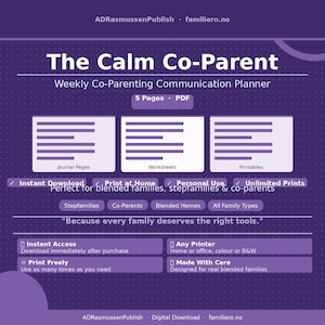 Könnte beinhalten: Ein digitaler Planer mit dem Titel "The Calm Co-Parent" mit dem Text "Weekly Co-Parenting Communication Planner". Die lila Grafik enthält Abschnitte für Journalseiten, Arbeitsblätter und Druckvorlagen. Es steht auch "Sofortiger Download" und "Zu Hause drucken".