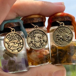 May include: Three small glass jars with cork stoppers, each containing assorted tumbled stones. Each jar features a gold-toned metal charm depicting a zodiac sign: Pisces with two fish, Gemini with twins, and Leo with a lion. The jars have colored wax seals.
