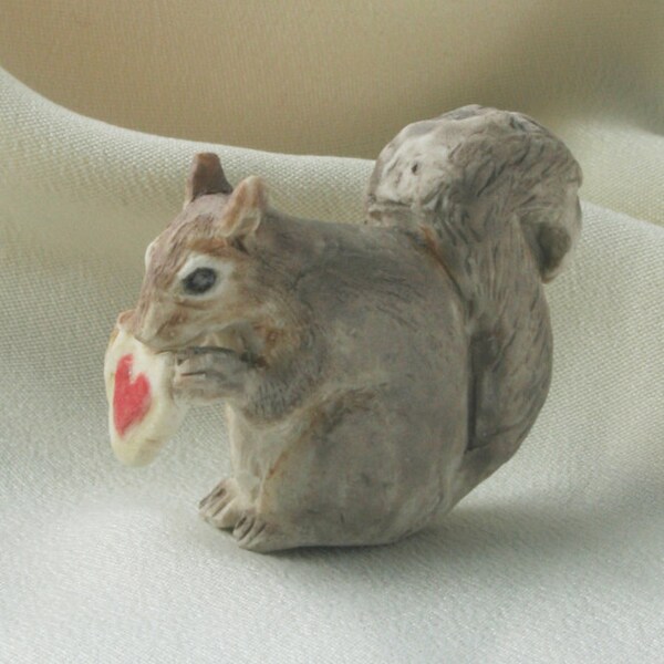 Teeny Squirrel Nibbling Heart-Shaped Cookie, Ceramic Miniature Totem